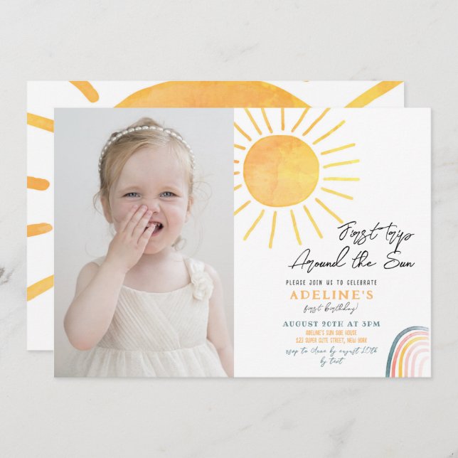 Boho First Trip Around The Sun 1st Birthday Photo Invitation (Front/Back)
