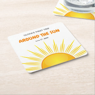 Boho First Trip Around the Sun 1st Birthday Square Paper Coaster