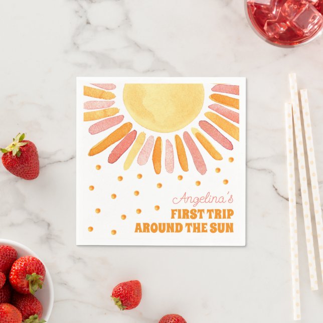 Boho First Trip Around the Sun Birthday Watercolor Napkin (Insitu)