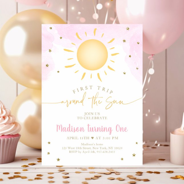 Boho First Trip Around the Sun Pink Gold Birthday Invitation (Creator Uploaded)