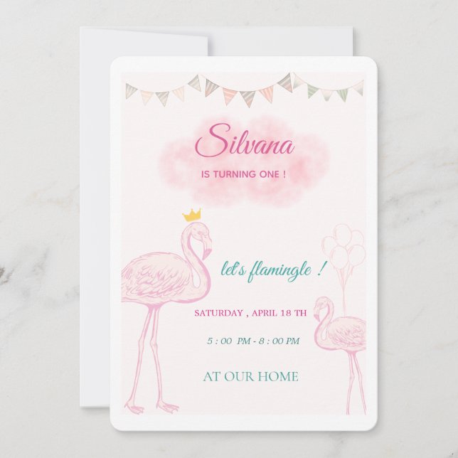 Boho Flamingo Birthday Invitation, Whimsical Princ Invitation (Front)