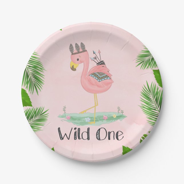 Boho Flamingo Wild One Birthday Party Paper Plate (Front)