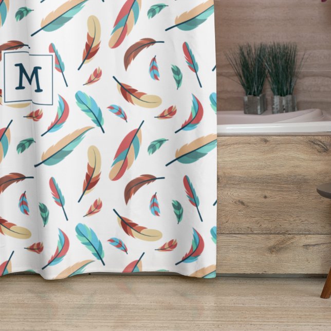 Boho Floating Feathers Pattern Monogrammed Shower Curtain (Creator Uploaded)