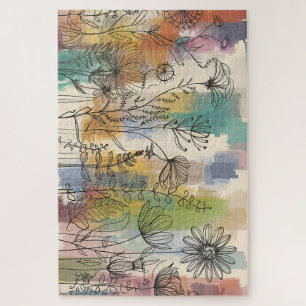 Boho Flora Colorful Botanical Line Art Puzzle