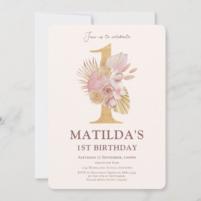 Boho Floral 1st Birthday invitation (Front)