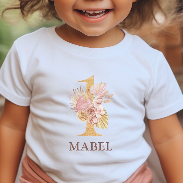 Boho Floral 1st Birthday Party Baby T-Shirt (Kids 1st Birthday Party T-Shirt floral boho style)