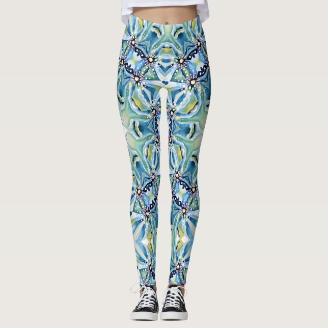 Boho Floral Abstract Pattern Artistic Blue Gren Leggings (Front)