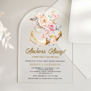 Boho Floral Anchor Nautical Girl Arch Baby Shower Acrylic Invitations