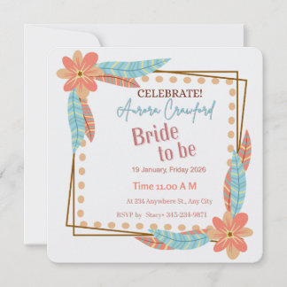 Boho Floral and Feather Square Bridal Shower Invit Invitation