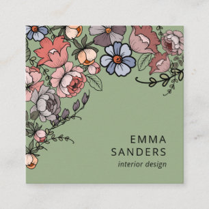 Boho Floral And Foliage Green Square Business Card