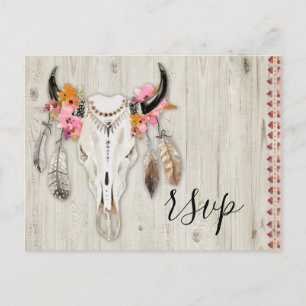Boho Floral Antler Skull Rustic Wood RSVP Wedding Postcard