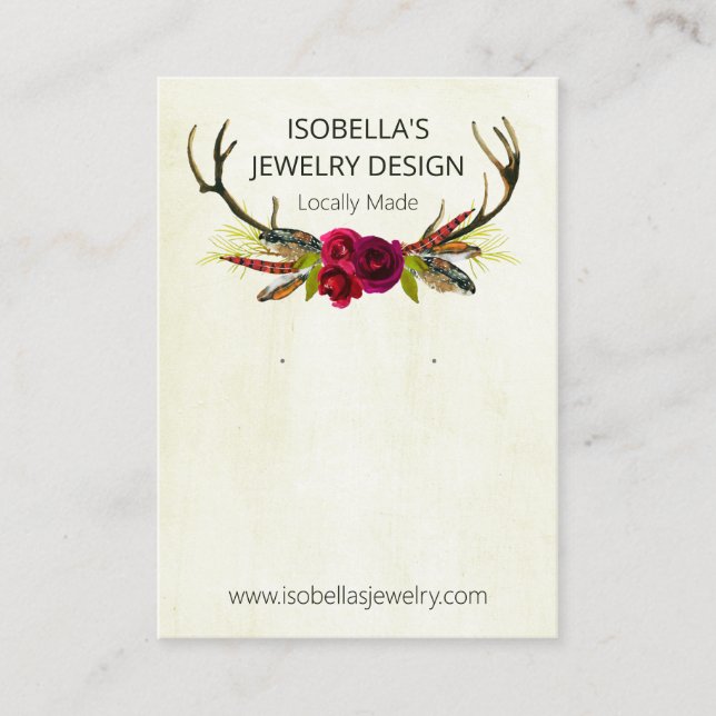Boho Floral Antlers On Beige Paint Earring Display Business Card (Front)