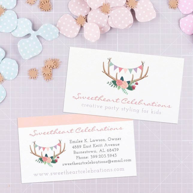 Boho Floral Antlers & Shabby Roses Party Bunting Business Card (Creator Uploaded)