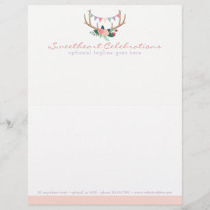 Boho Floral Antlers & Shabby Roses Party Bunting Letterhead