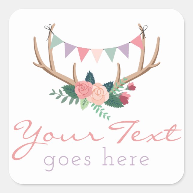 Boho Floral Antlers & Shabby Roses Party Bunting Square Sticker (Front)