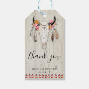 Boho Floral Antlers Skull Wood Thank You Wedding Gift Tags