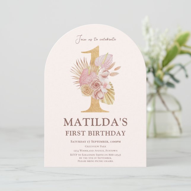 Boho Floral Arch 1st Birthday invitation (Standing Front)