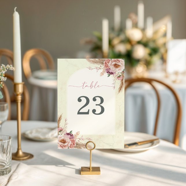Boho Floral Arch Blush Pink Table Card (Boho floral watercolor with pampas grass and arch with marble design)