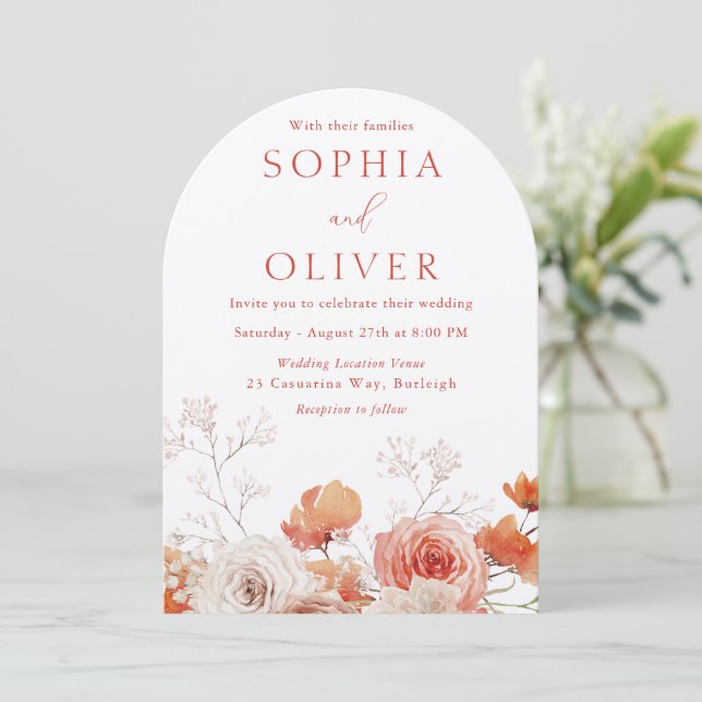 Boho Floral & Arch Fall Autumn Floral Wedding Invitation (Standing Front)