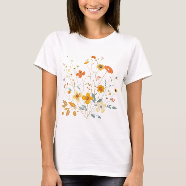 Boho Floral Art – Hand-Drawn Denim & Flower Inspir T-Shirt (Front)