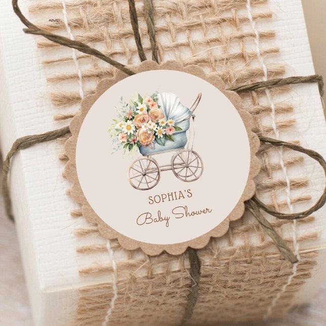 Boho Floral Baby Carriage Baby Shower Classic Round Sticker (Creator Uploaded)