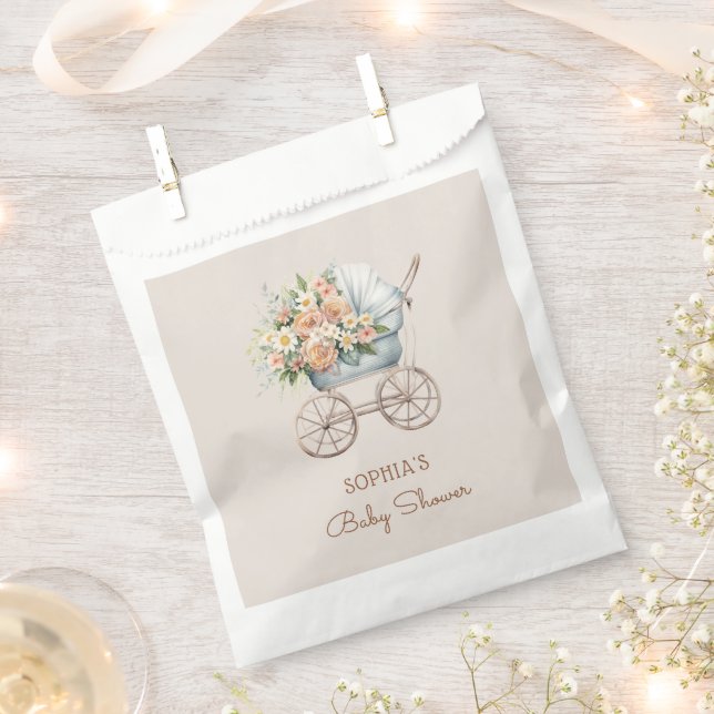 Boho Floral Baby Carriage Baby Shower Favour Bags (Clipped)