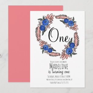 Boho Floral Baby First Birthday Botanical Wreath Invitation