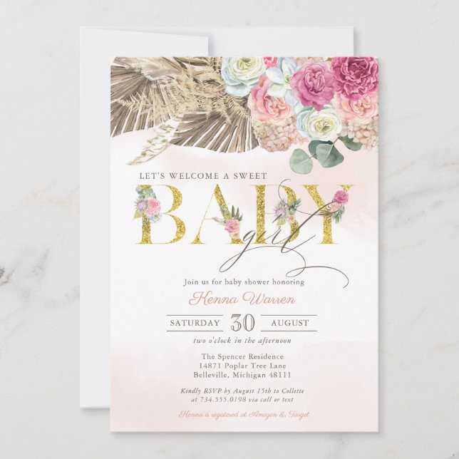 Boho Floral BABY Pampas & Palm Girl Baby Shower In Invitation (Front)