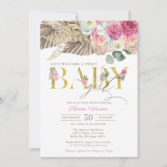 Boho Floral BABY Pampas & Palm Girl Baby Shower Invitation (Front)