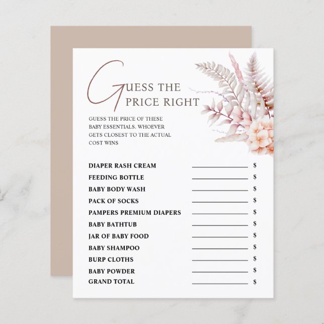 Boho Floral Baby Shower Guess The Price Right Game (Front/Back)