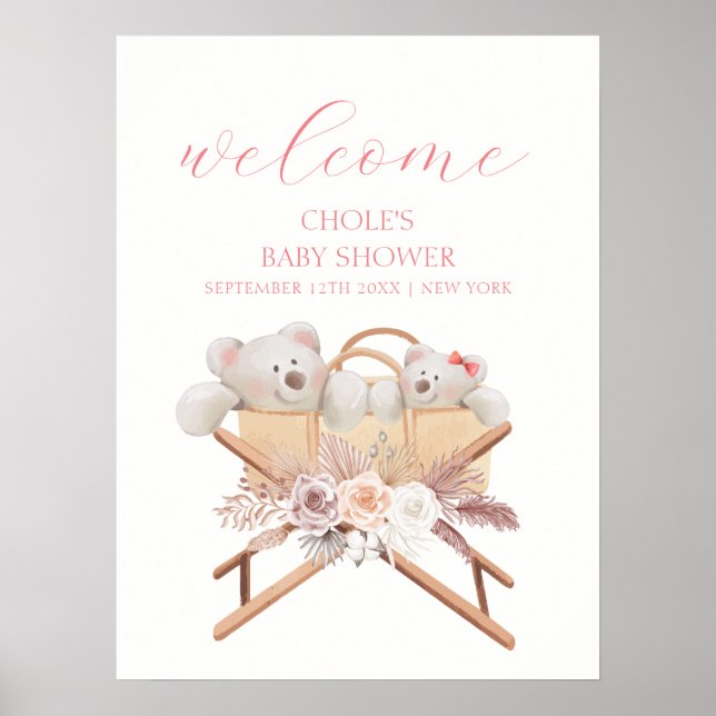Boho Floral Bear Bassinet Girl Baby Shower Welcome Poster (Front)