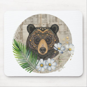 Boho Floral Bear on Vintage Paper Mouse Pad
