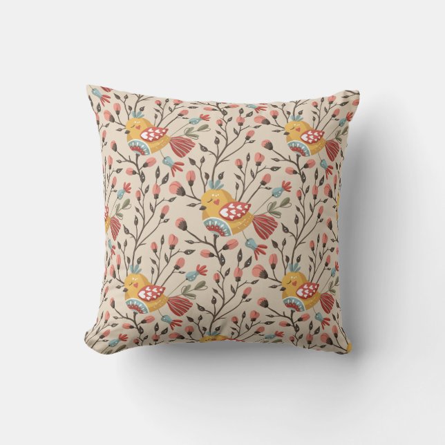 Boho Floral Birds Garden Pattern Cushion (Front)
