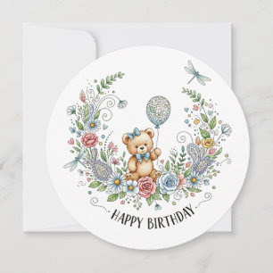Boho floral birthday bear card