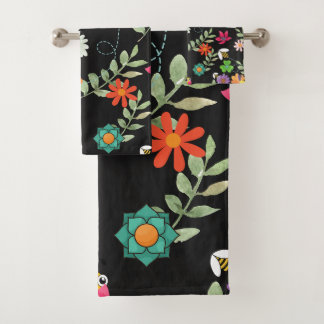 Boho Floral Black Background Pattern Bath Towel Set