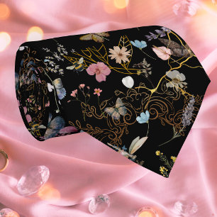 Boho Floral Black Butterfly Garden Neck Tie