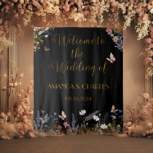 Boho Floral Black Butterfly Garden Tapestry