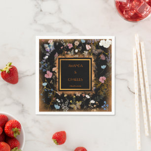 Boho Floral Black Butterfly Garden Wedding Napkin