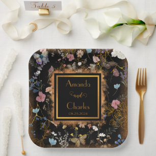 Boho Floral Black Butterfly Garden Wedding  Paper Plate