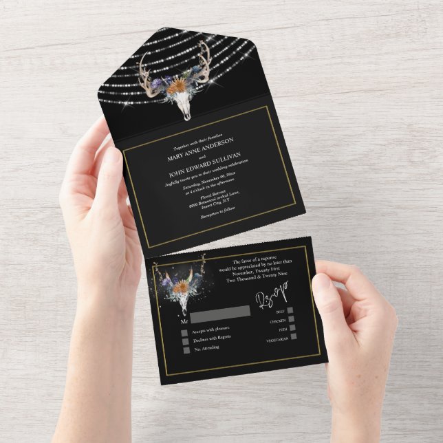 Boho floral black orange purple string lights chic all in one invitation (Tearaway)