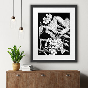 Boho Floral Blossoms Black Ink Drawing Wall Print