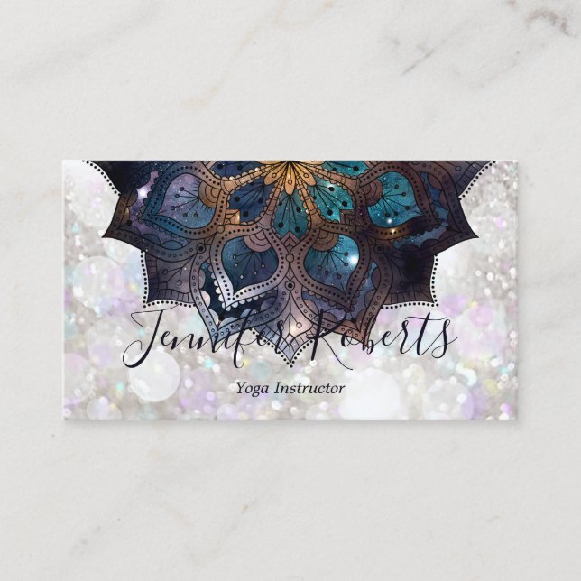 Boho Floral Blue Gold Mandala Chic Glitter Business Card (Front)