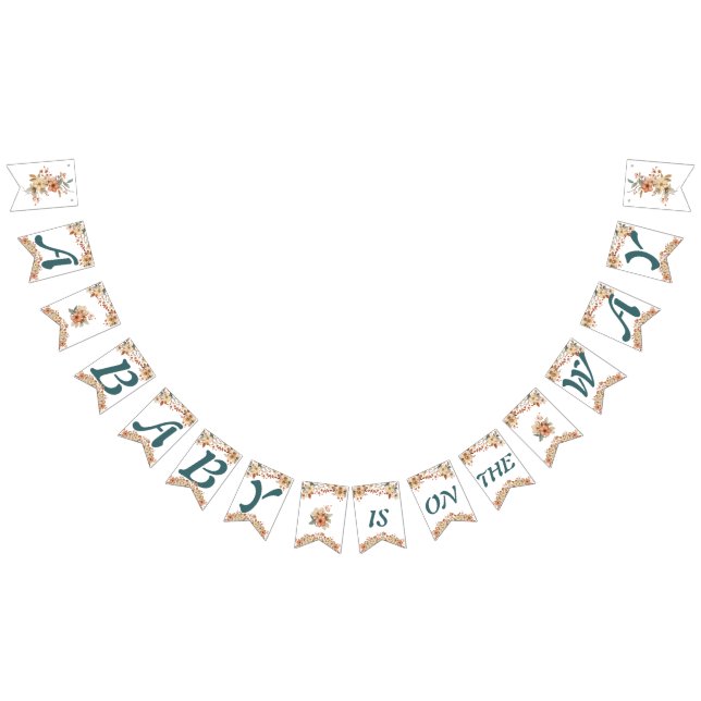 Boho Floral Blue Letters on White Baby Shower Bunting (All)