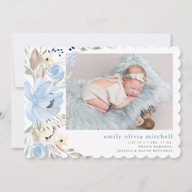 Boho Floral | Blue Photo Birth Announcement (Front)