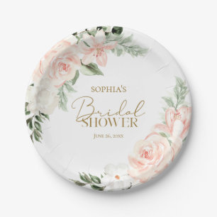 Boho Floral Blush Pink Sage Green Bridal Shower Paper Plate