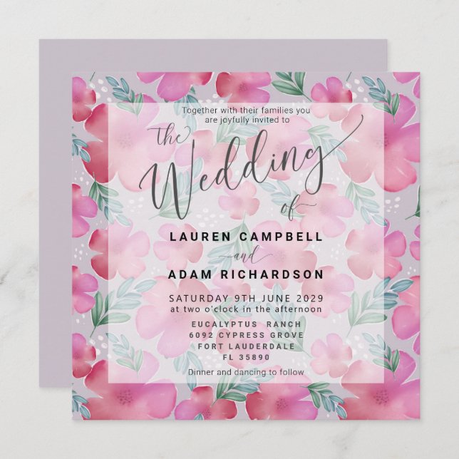 Boho Floral Blush Pink Watercolor Wedding Invite (Front/Back)