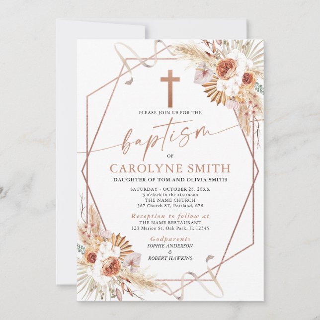 Boho Floral Bohemian and Pampas Grass Baptism Invitation (Front)