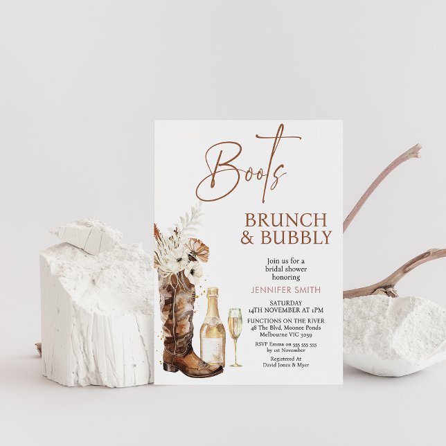 Boho Floral Boots Brunch Bubbly Bridal Shower Invitation (Floral Cowgirl Boots Brunch and Bubbly Bridal Shower Invitation, Champagne Glass and Bottle, Wedding)