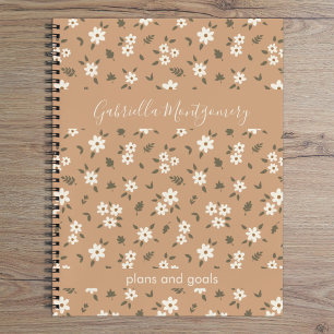 Boho Floral Botanical Pattern Girl Brown Name Text Notebook