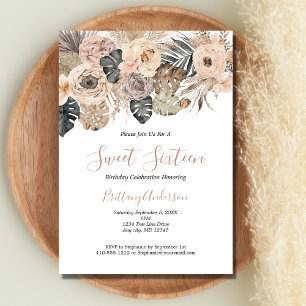 Boho Floral Botanical Sweet Sixteen 16 Birthday Invitation